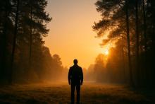 Silhouette of a person standing in a peaceful forest at sunrise, symbolizing reflection and mental clarity.