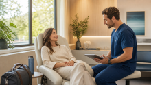 Patient discussing hydration support for travel and recovery with a clinician