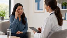 Patient discussing headache symptoms and hydration with a clinician